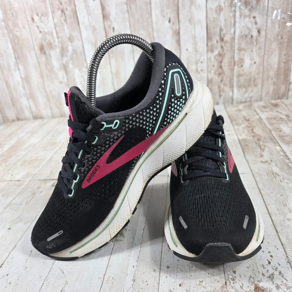 Brooks Ghost 14 Womens 6 Wide Black Pink Teal Running Shoes 1203561D013